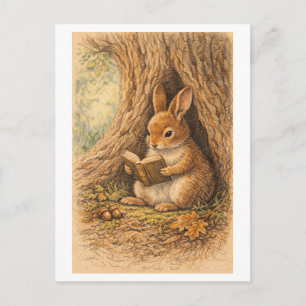 Vintage-Style Drawing of Rabbit Reading in Tree Postcard
