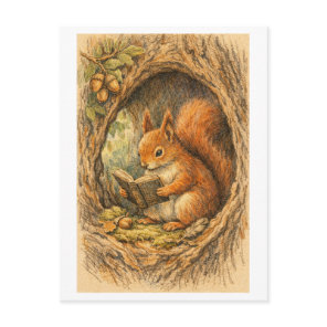 Vintage-Style Drawing of Squirrel Reading in Tree Postcard