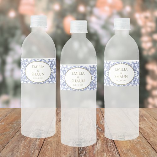 Vintage_style Dusty Blue and White Patterned Water Bottle Label