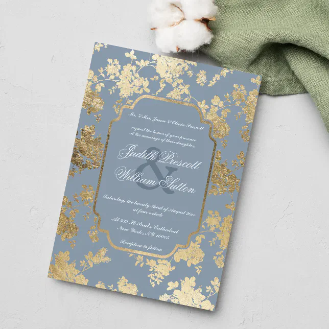 Vintage Style Dusty Blue Gold Floral Wedding Invitation | Zazzle
