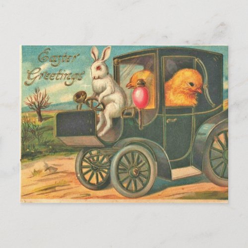 Vintage Style Easter Bunny and Chicks in Car Postcard