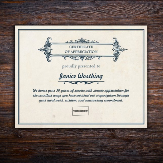 Vintage Style Editable Employee Award Certificate  (Customizable Vintage Style Long Service Award Certificate with Logo Upload
)