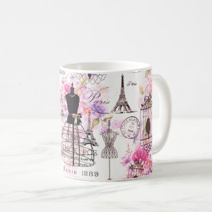 Vintage style Eiffel Tower collage pink floral Coffee Mug