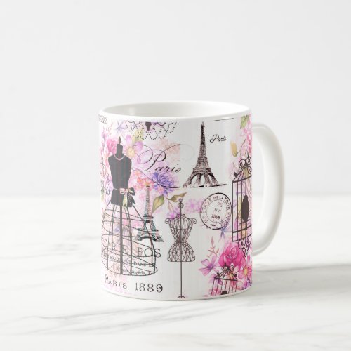 Vintage style Eiffel Tower collage pink floral Coffee Mug