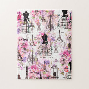 Vintage style Eiffel Tower collage pink floral Jigsaw Puzzle