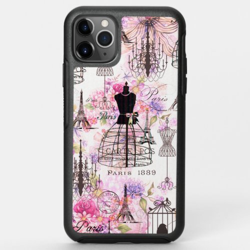 Vintage style Eiffel Tower collage pink floral OtterBox Symmetry iPhone 11 Pro Max Case