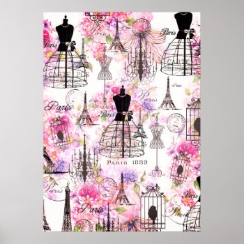 Vintage Style Eiffel Tower Collage Pink Floral Poster by kicksdesign at Zazzle