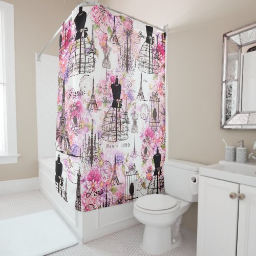 Vintage style Eiffel Tower collage pink floral Shower Curtain