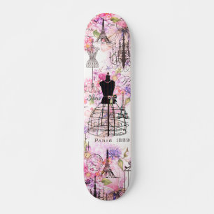 Vintage style Eiffel Tower collage pink floral Skateboard