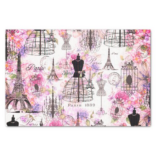 Vintage style Eiffel Tower collage pink floral Tissue Paper