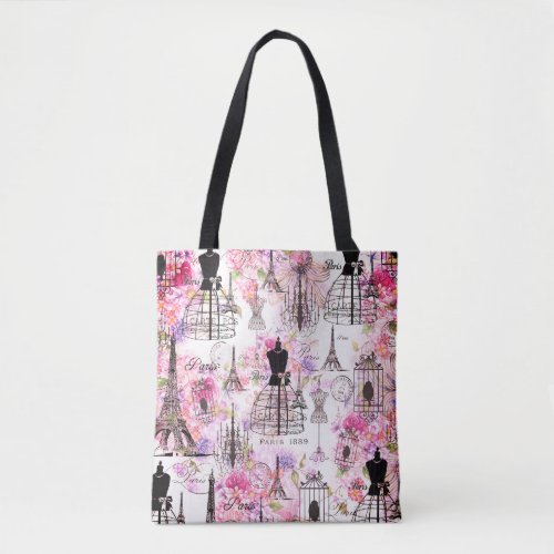 Vintage style Eiffel Tower collage pink floral Tote Bag