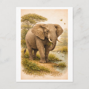 Vintage-Style Elephant Illustration Postcard