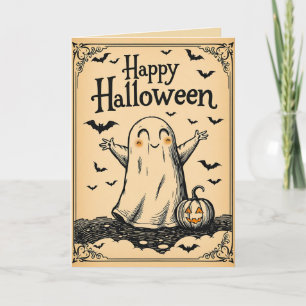 Vintage style engraved halloween cute ghost card