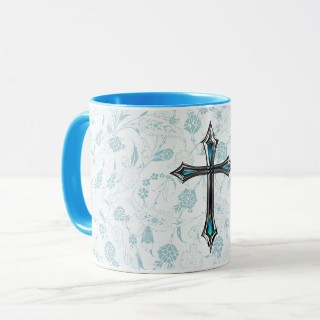Vintage Style Faith Cross in Blue Mug Cup (Front Left)