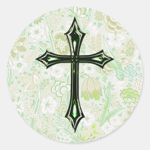 Vintage Style Faith Cross in Green Classic Round Sticker