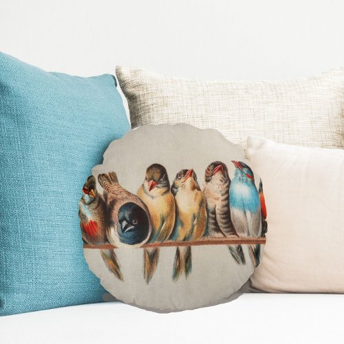 Vintage Style Flock of Perched Birds Round Pillow