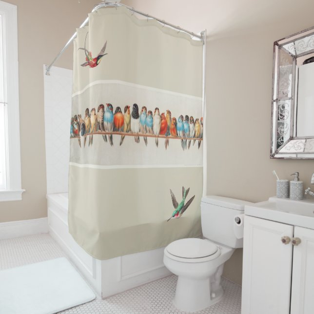 Vintage Style Flock of Perched Birds Shower Curtain (In Situ)