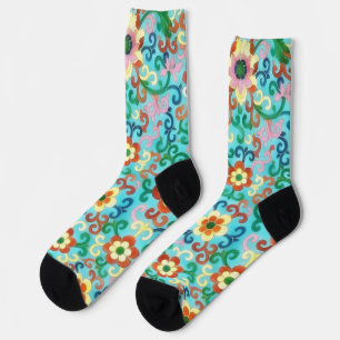 Vintage Style Floral Art Aqua and Orange Socks