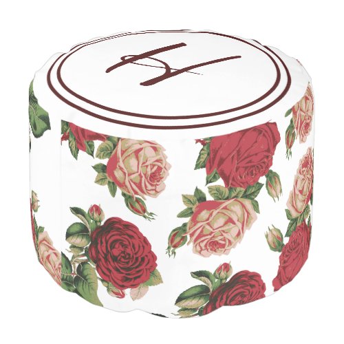 Vintage Style Floral Red and Pink Rose Monogram Pouf