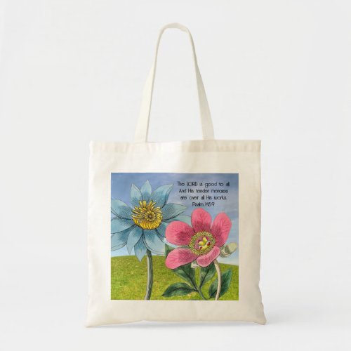 Vintage Style Flowers Landscape with Scripture Tote Bag