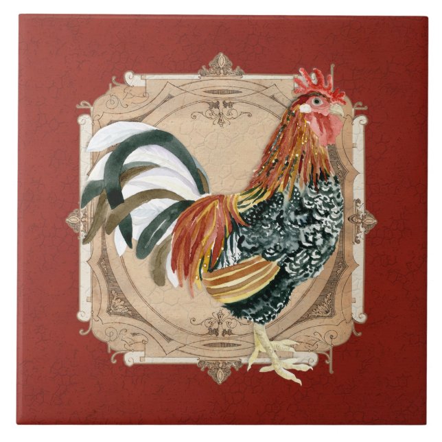 Vintage Style French Country Rustic Barn Rooster Ceramic Tile (Front)