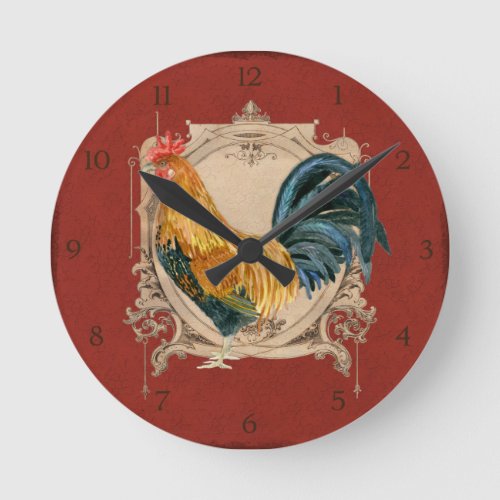 Vintage Style French Country Rustic Barn Rooster Round Clock