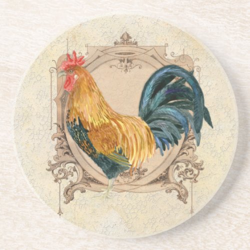Vintage Style French Country Rustic Barn Rooster Sandstone Coaster