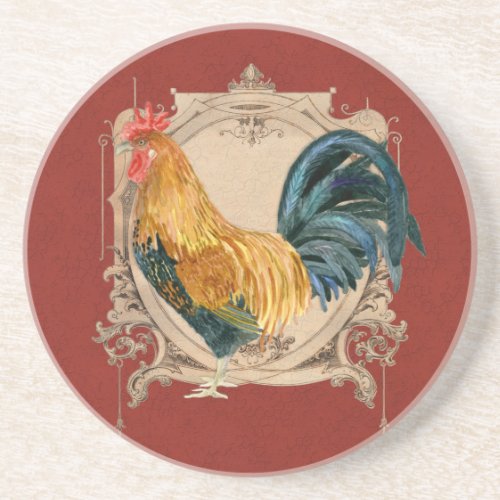 Vintage Style French Country Rustic Barn Rooster Sandstone Coaster