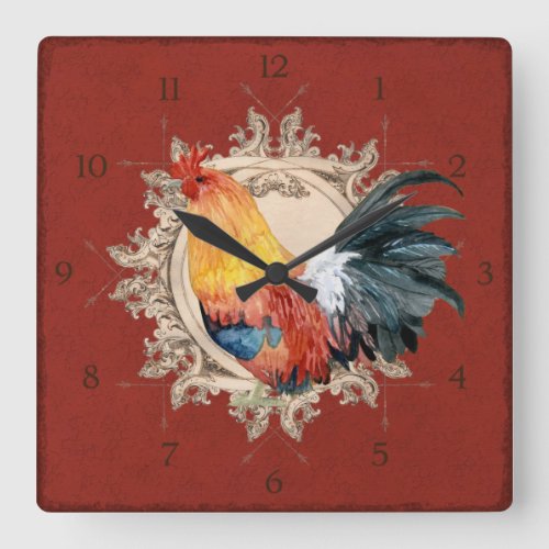 Vintage Style French Country Rustic Barn Rooster Square Wall Clock