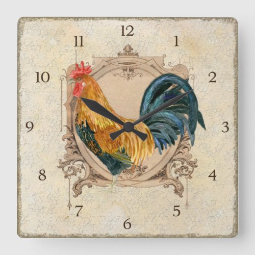 Vintage Style French Country Rustic Barn Rooster Square Wall Clock