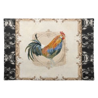 Vintage Style French Damask Black n White Rooster Cloth Placemat