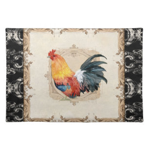 Vintage Style French Damask Black n White Rooster Placemat