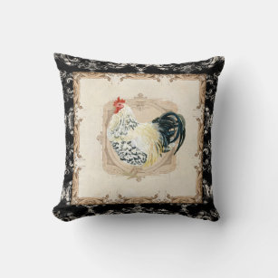 Vintage Style French Damask Black n White Rooster Throw Pillow