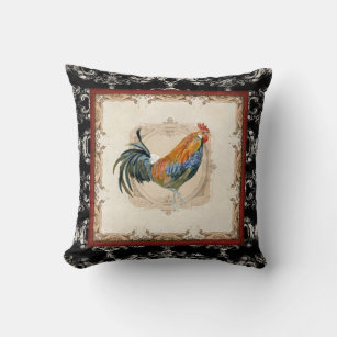 Vintage Style French Damask Black n White Rooster Throw Pillow