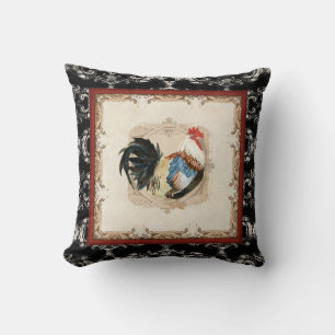 Vintage Style French Damask Black n White Rooster Throw Pillow