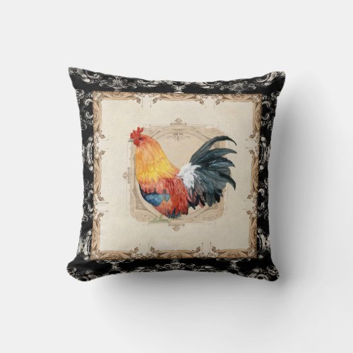 Vintage Style French Damask Black n White Rooster Throw Pillow