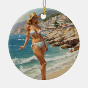Vintage Style French Riviera Travel Beach Girl Ceramic Ornament