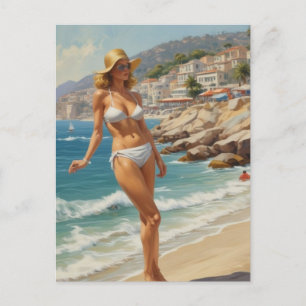 Vintage Style French Riviera Travel Beach Girl Postcard