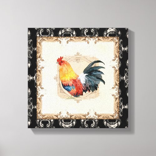 Vintage Style French Toile Black n White Rooster Canvas Print