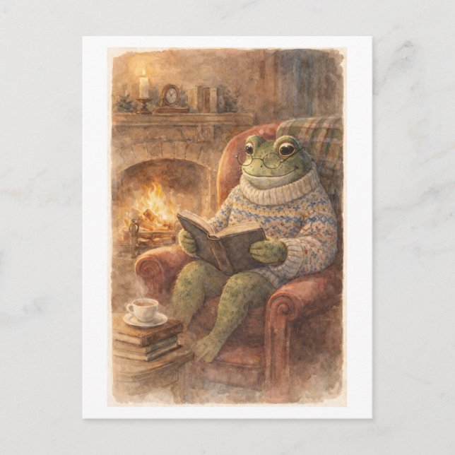 Vintage-Style Frog Reading by the Fireside Postcard (Front)