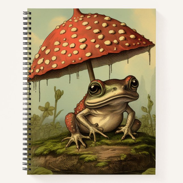 Vintage Style Frog Under Mushroom Spiral Notebook (Front)