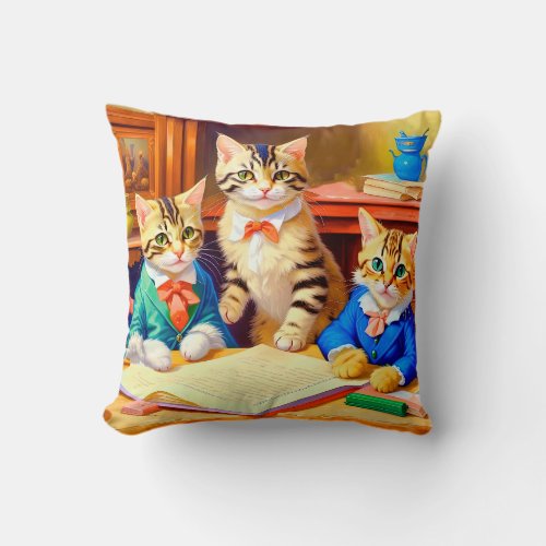 Vintage Style Funny Preppy Kittens Back To School Throw Pillow