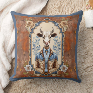 Vintage Style Funny Western Cow Art Throw Pillow
