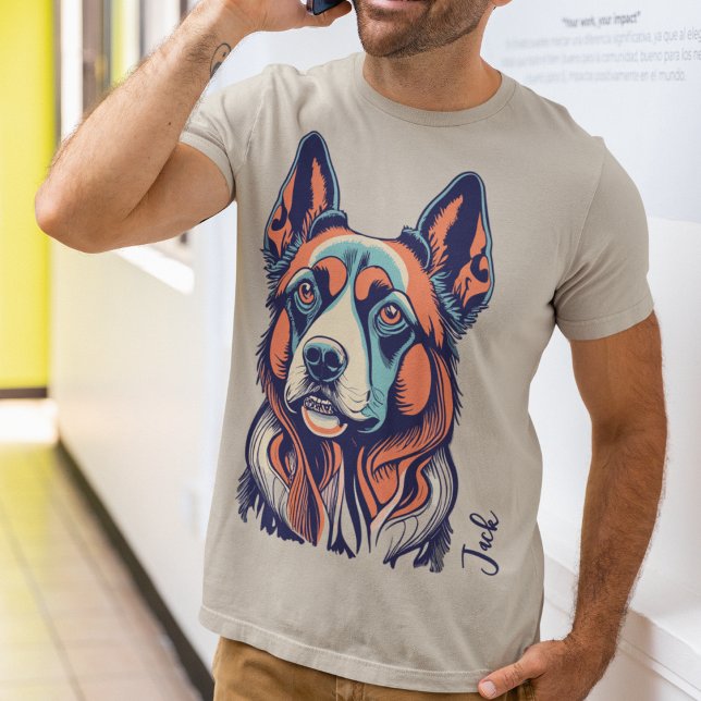 Vintage Style German Shepherd T-Shirt (Personalized German Shepherd shirt on man talking on phone.)