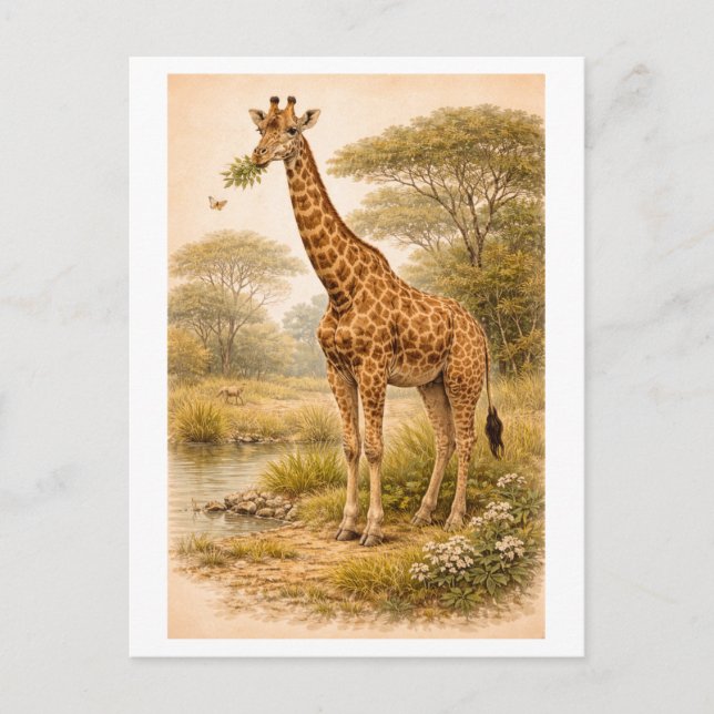 Vintage-Style Giraffe Illustration Postcard (Front)