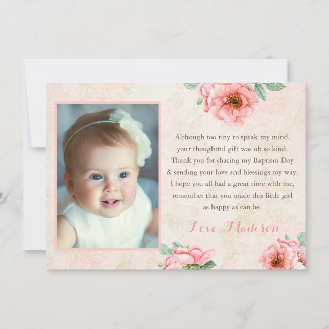 Vintage Style Girl Baptism Thank You Card, Photo (Front)