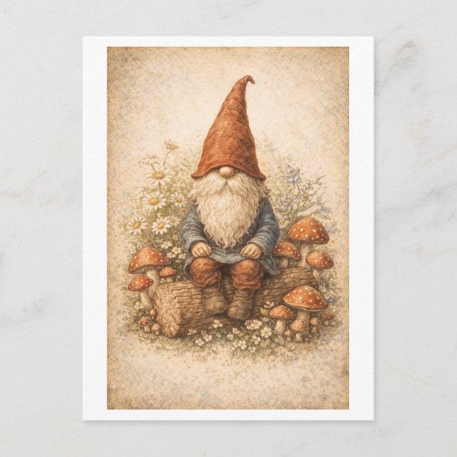Vintage-Style Gnome on a Log Postcard (Front)