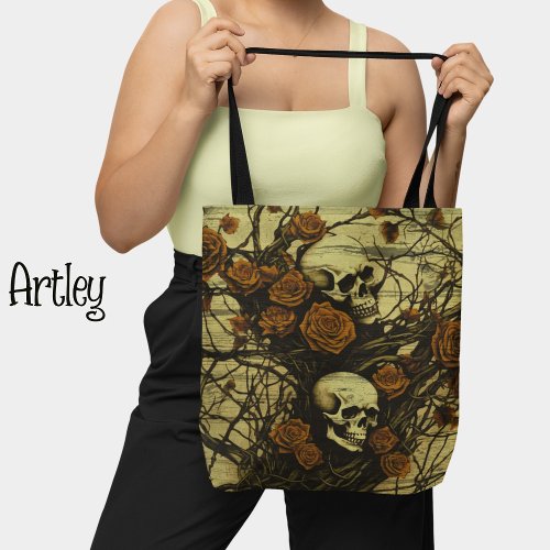 Vintage style Gothic skulls and roses tote bag