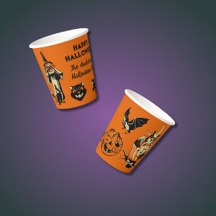 Vintage Style Halloween Graphics Orange and Black Paper Cups
