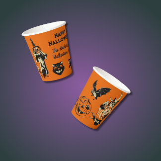 Vintage Style Halloween Graphics Orange and Black Paper Cups